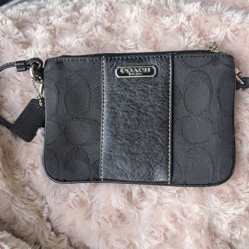 Classic Coach Signature C Black Canvas with Leather Wristlet